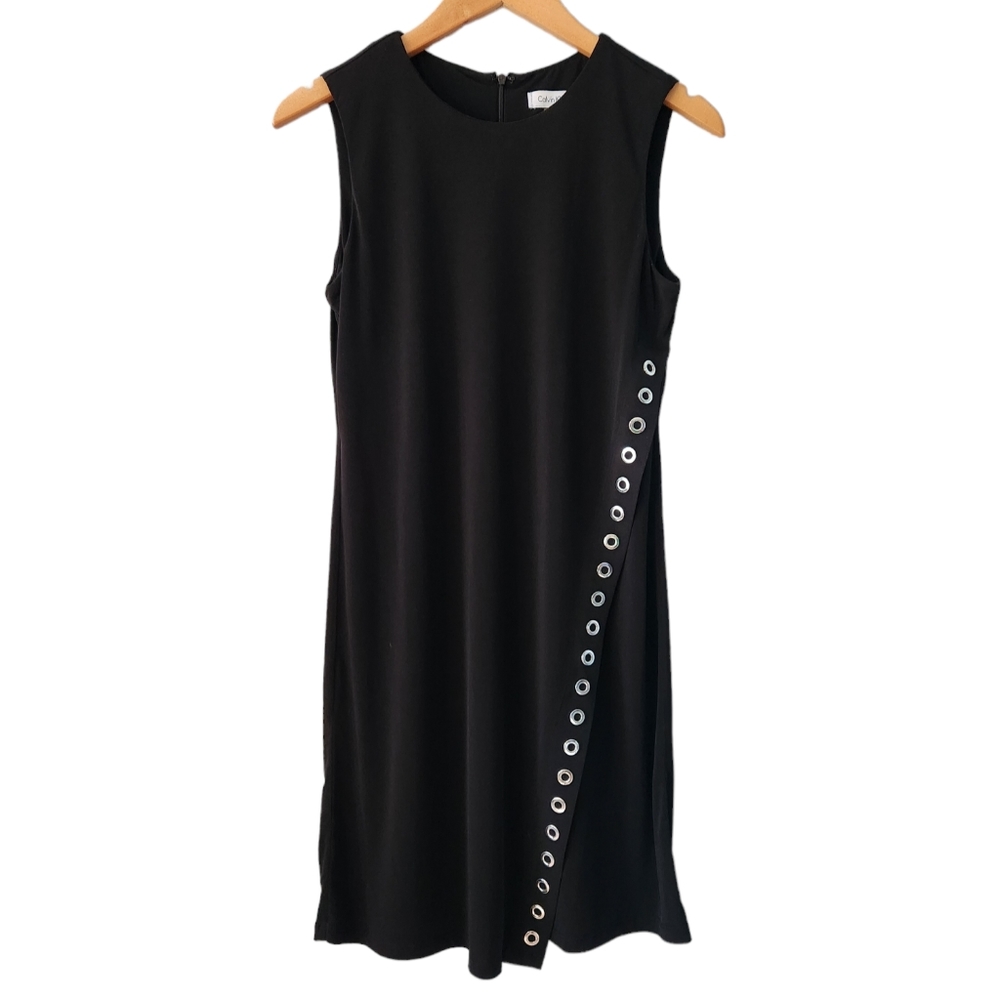 Calvin Klein Black Knit Faux Wrap Grommet Dress Classic Punk Steampunk Edgy LBD